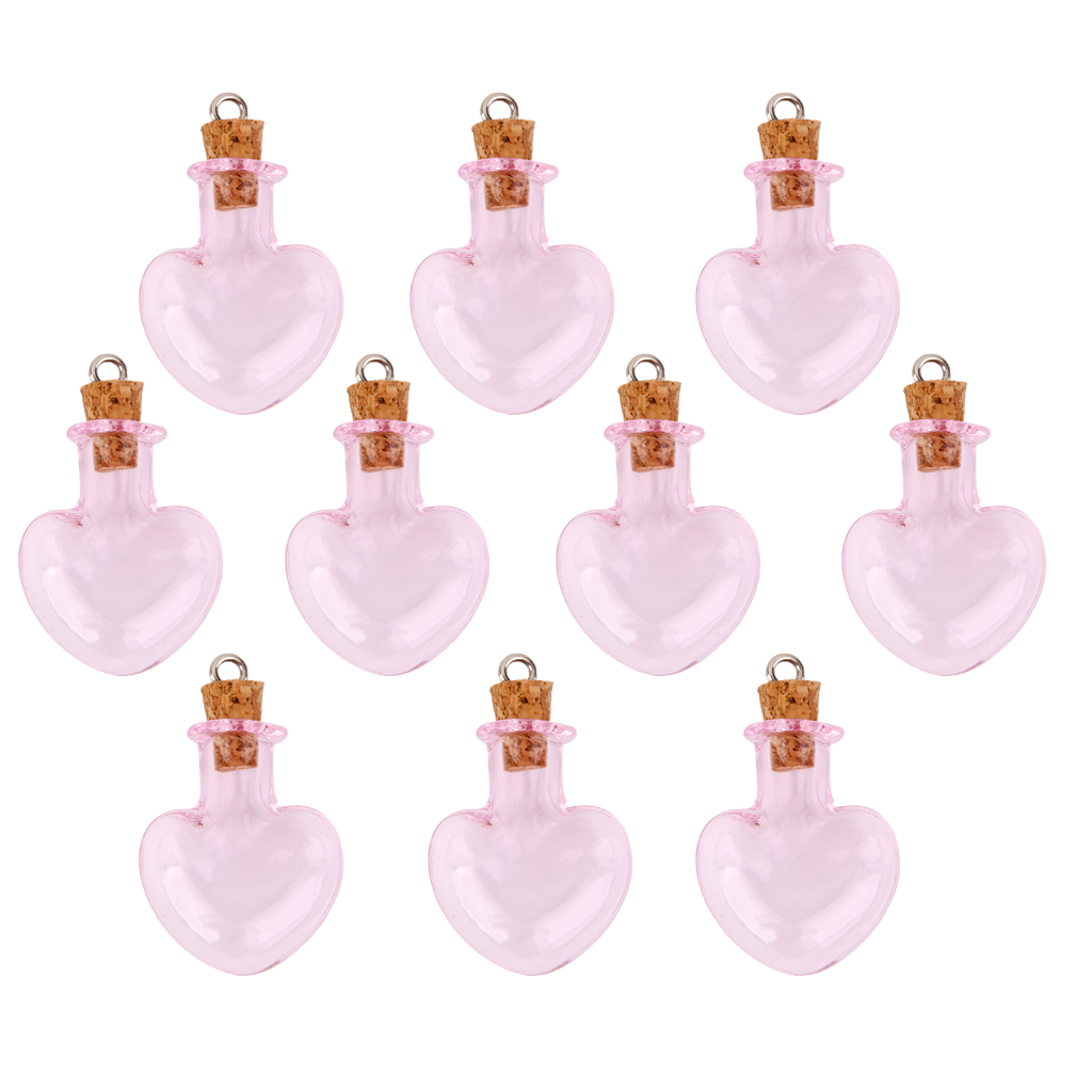 10pcs Pink Glass Cork Bottles Vial Wishing Bottle DIY Pendant Craft - Heart