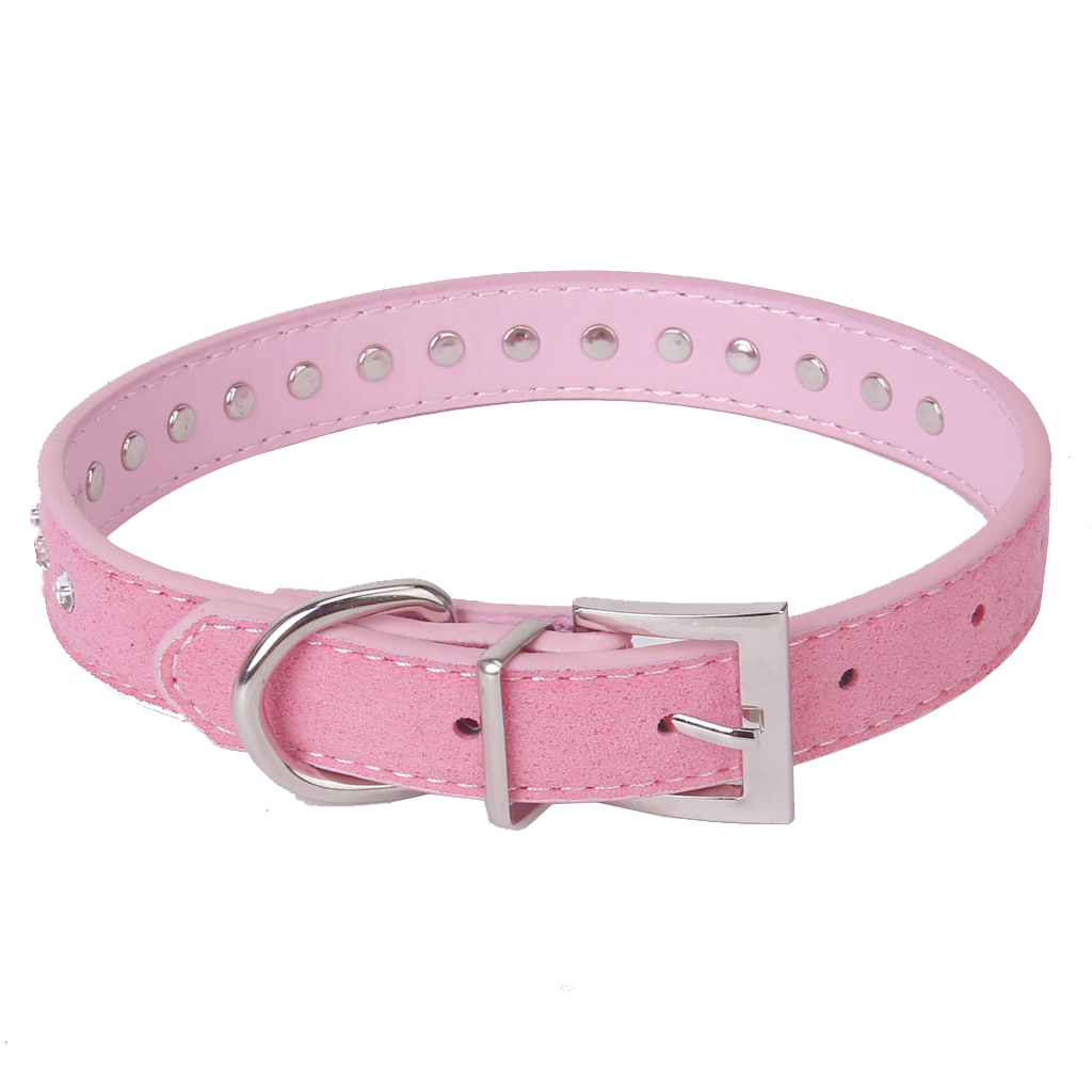 Pet Dog Cat Crystal Rhinestone Cow Suede Neck Collar Size M - Pink