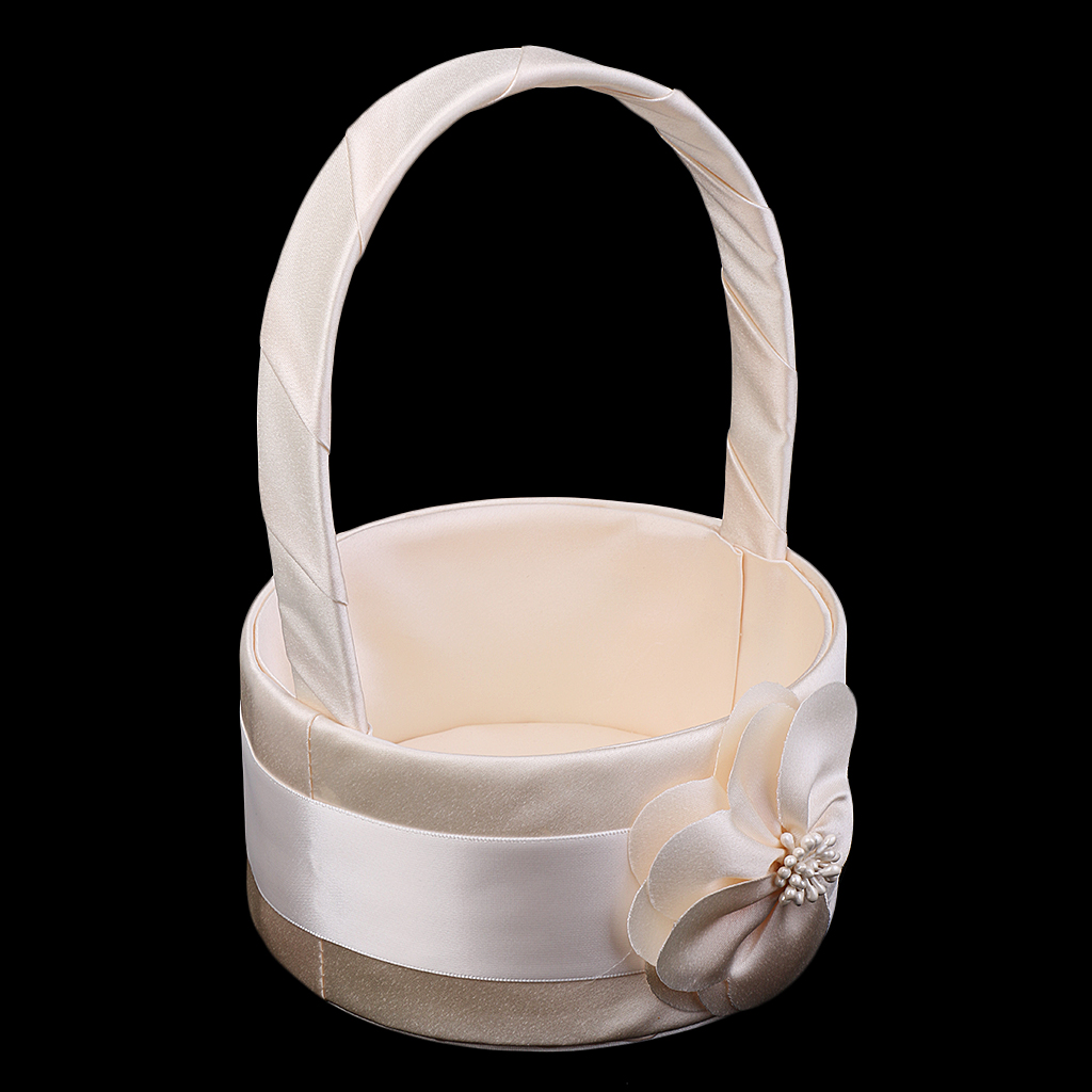3xElegant Satin Floral Bud Flower Girl Basket Wedding Party Ceremony Champagne