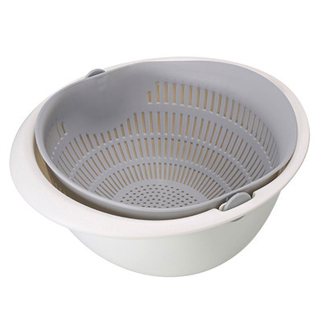 Double Drain Basket Bowl Rice Washing Vegetables Fruit Kitchen Gadget Gray