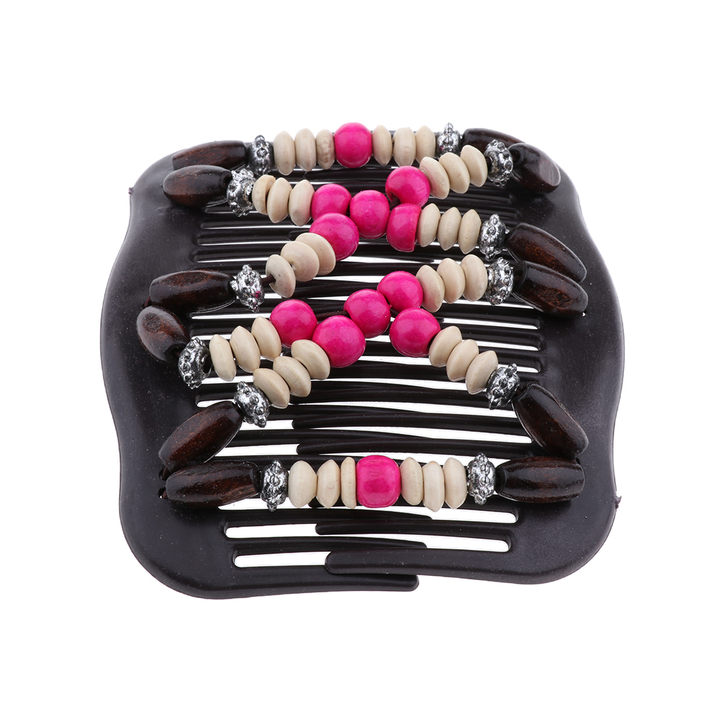 Wooden Beads Double Hair Comb Clip Rose Red