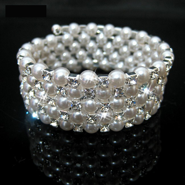 Fashion Wedding Bridal Clear Pearl Crystal Rhinestone 5Rows Stretch Elastic Bangle Bracelet