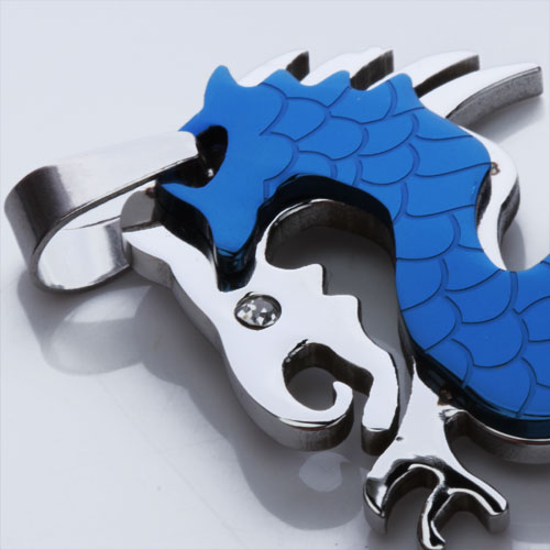 Stainless Steel Dragon Necklace Charm Pendant w/ Rhinestone - Blue