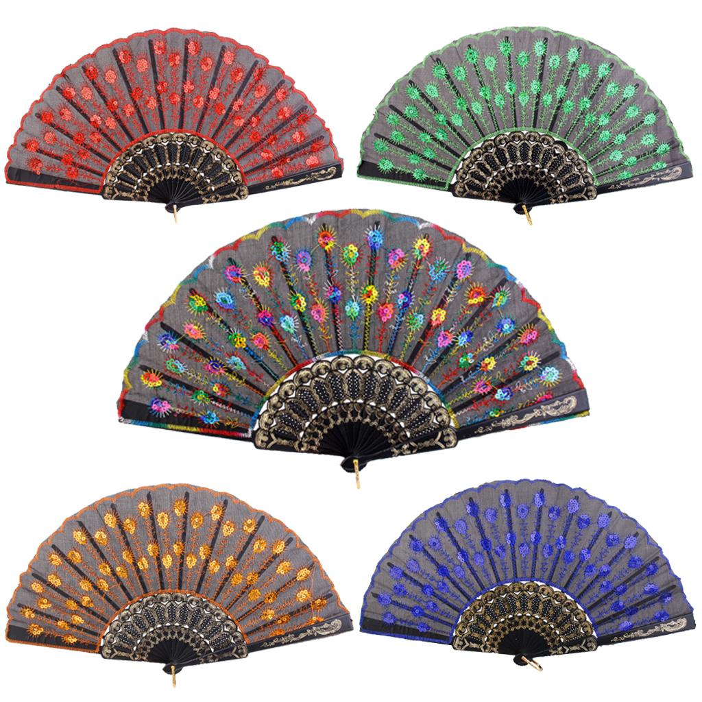 Spanish Folding Hand Fan Silk Embroidered Sequin Wedding Prom Dance Red