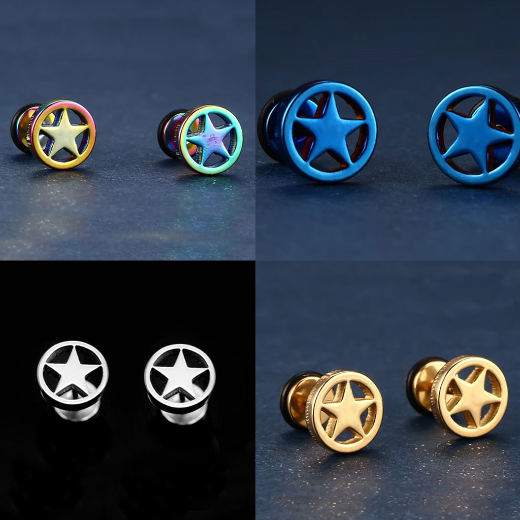 1 Pair of Stainless Steel Silver Circle Five-pointed Star Earrings Studs