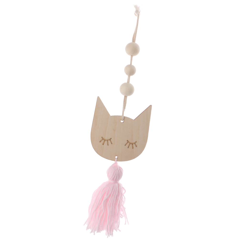 Nordic Wooden Beads Tassel Pendant Girls Wall Hanging Ornament Cat Pink