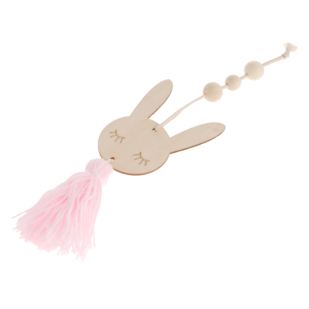 Nordic Wooden Beads Tassel Pendant Girls Wall Hanging Ornament Rabbit Pink