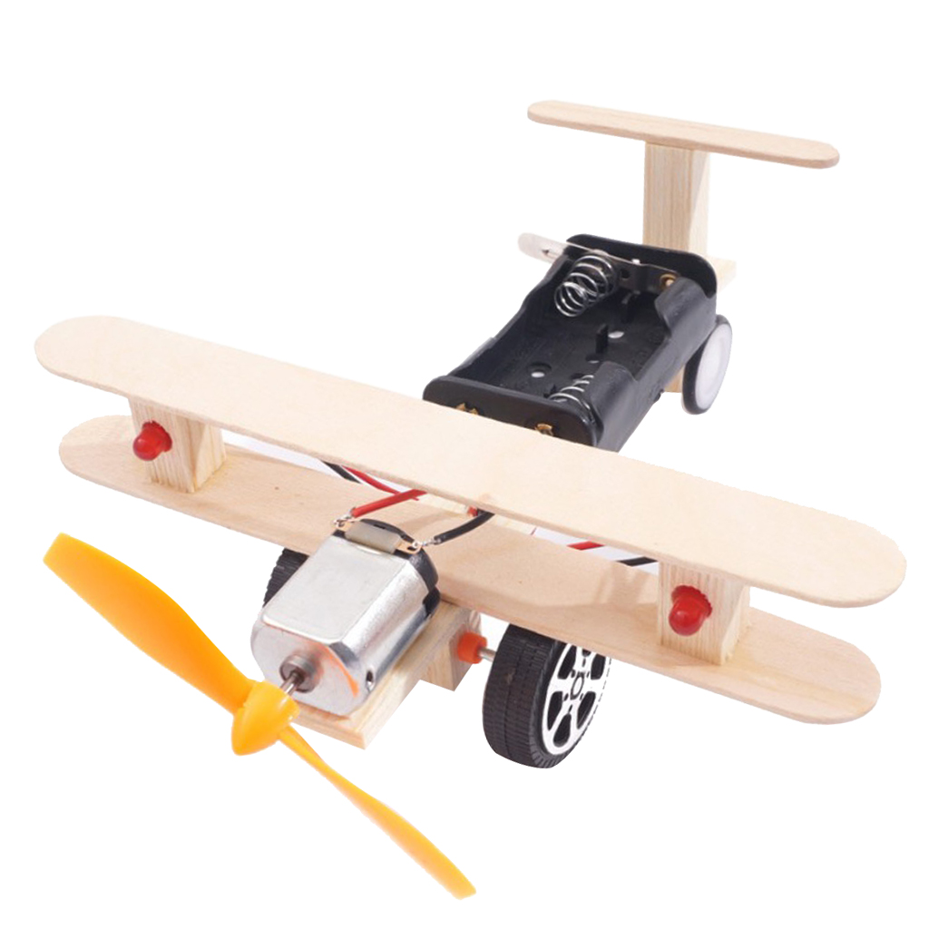 DIY Plane Model Kit Wood Kids Physical Science Experiments Toy Double lights