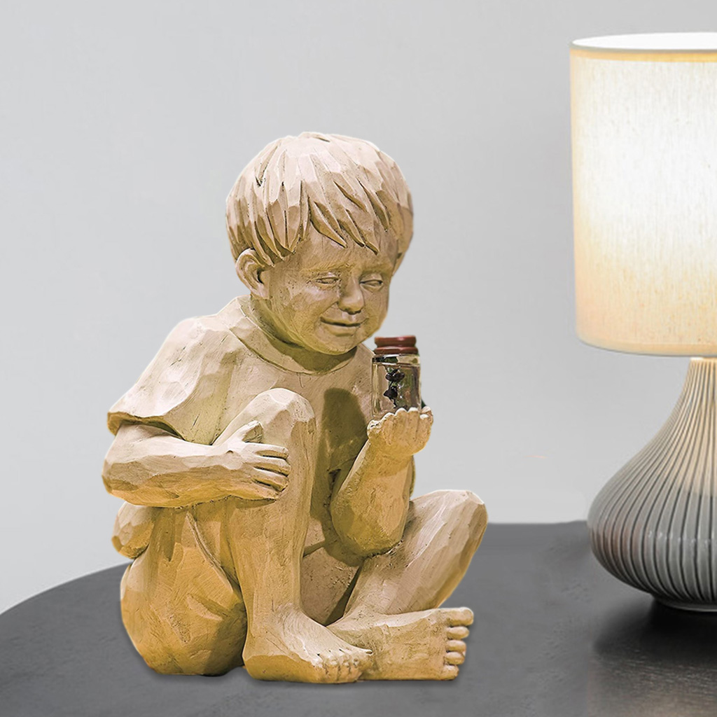 Resin Kids Statues Figurine w/ Lighted Jar for Garden Yard Decor Boy