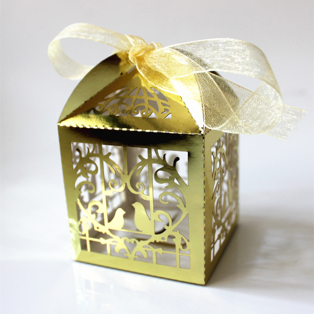 50pcs Laser Cut Birdcage Wedding Party Favor Gift Ribbons Candy Boxes Bags