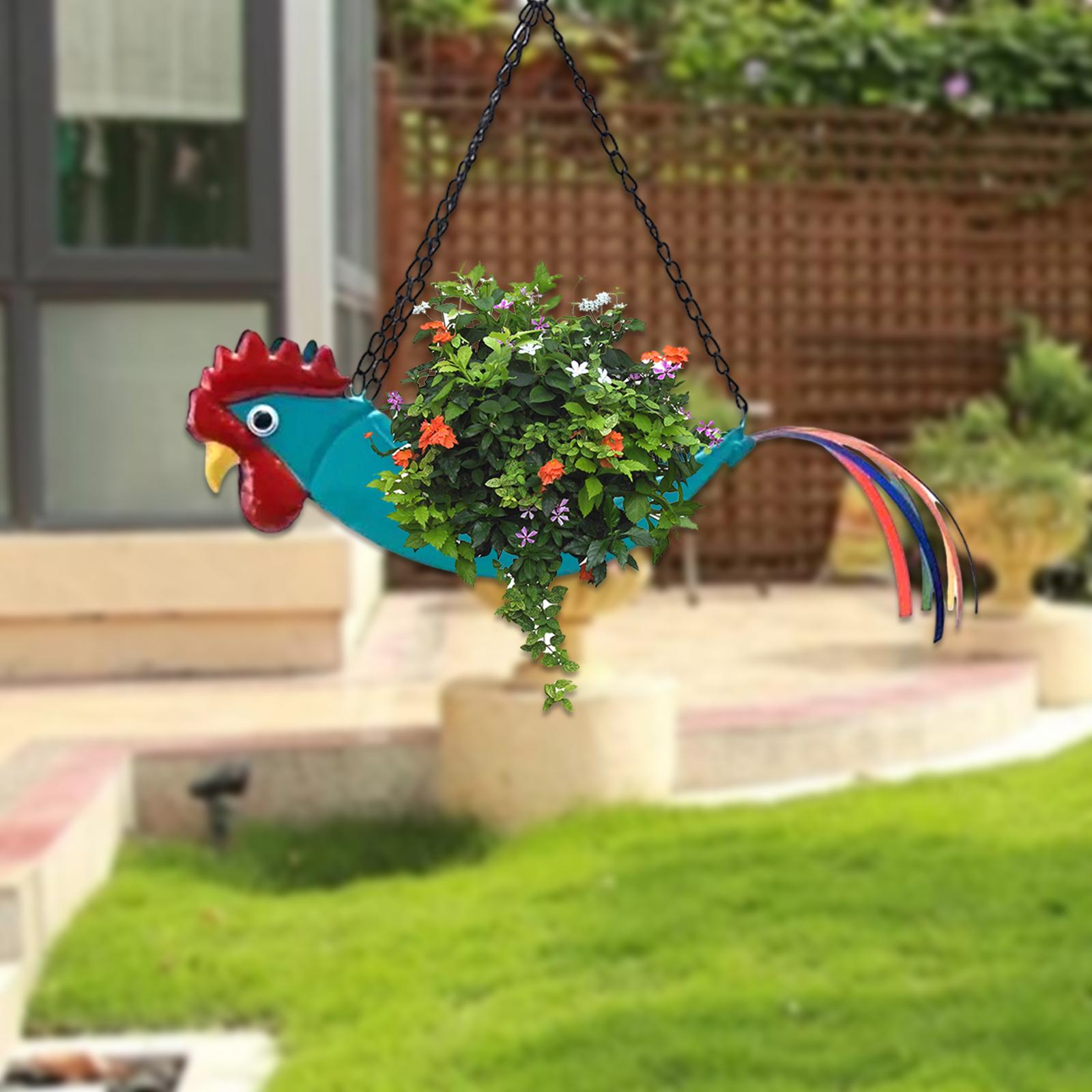 Metal Plant Pot Chicken Flower Vase Windowsill Fence Rooster Hanging Planter