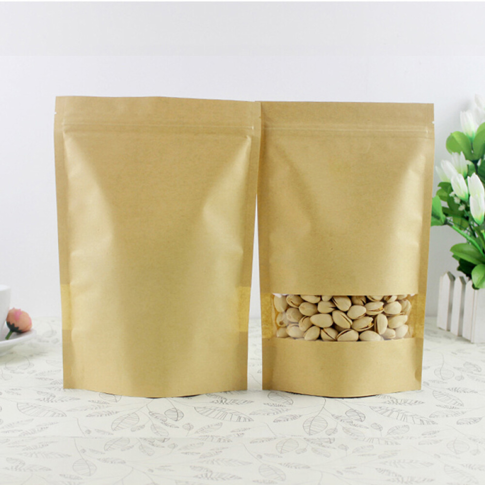 100pcs Resealable Kraft Bags with Window Stand Up Ziplock Seal Paper Bag