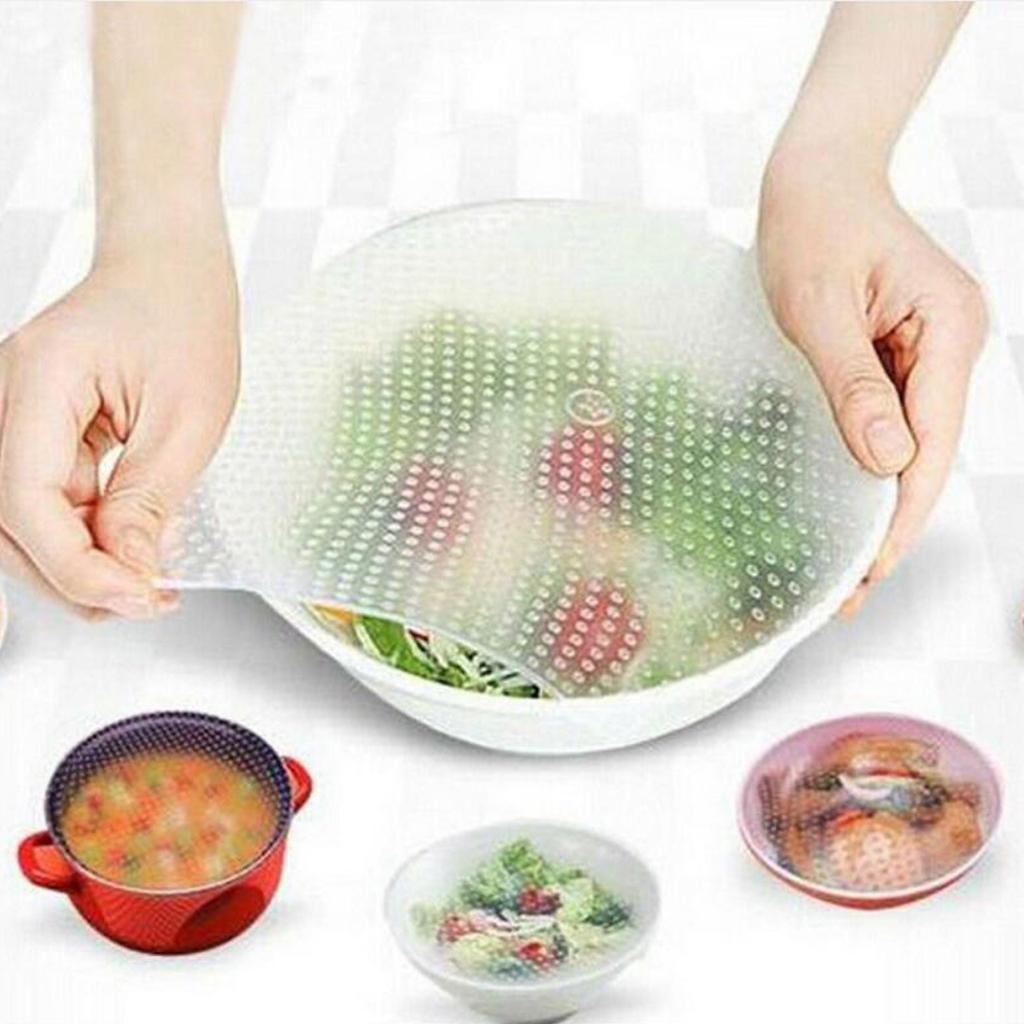 4pcs/ Set Reusable Silicone Stretch Lids Wrap Bowl Seal Cover White