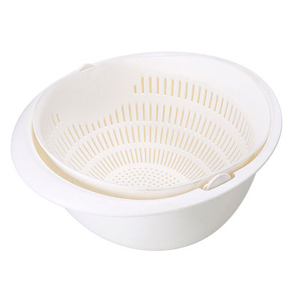 Double Drain Basket Bowl Rice Washing Vegetables Fruit Kitchen Gadget White