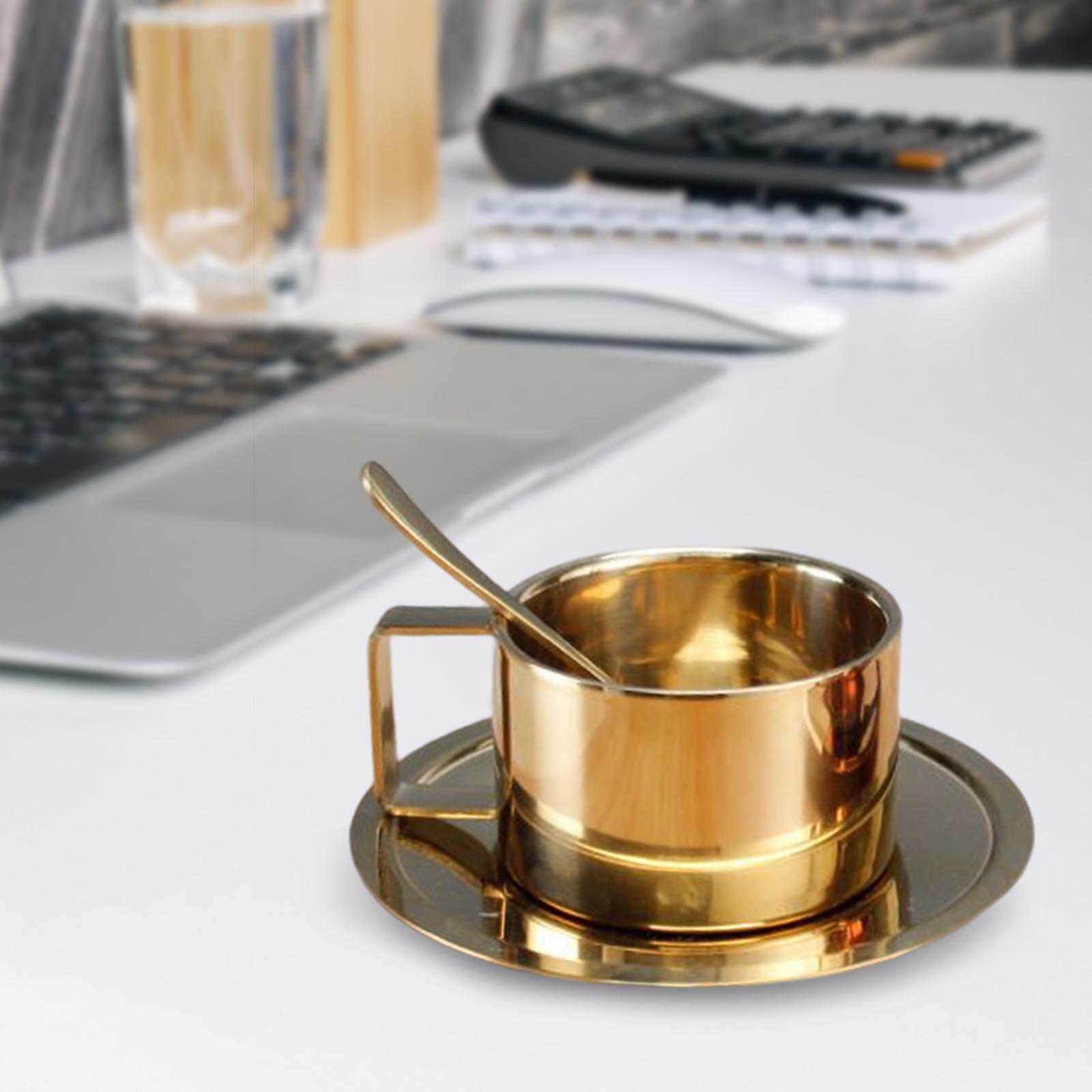 Insulated Coffee Mugs Unbreakable with Saucer and Spoon Stainless Steel 200ml Golden