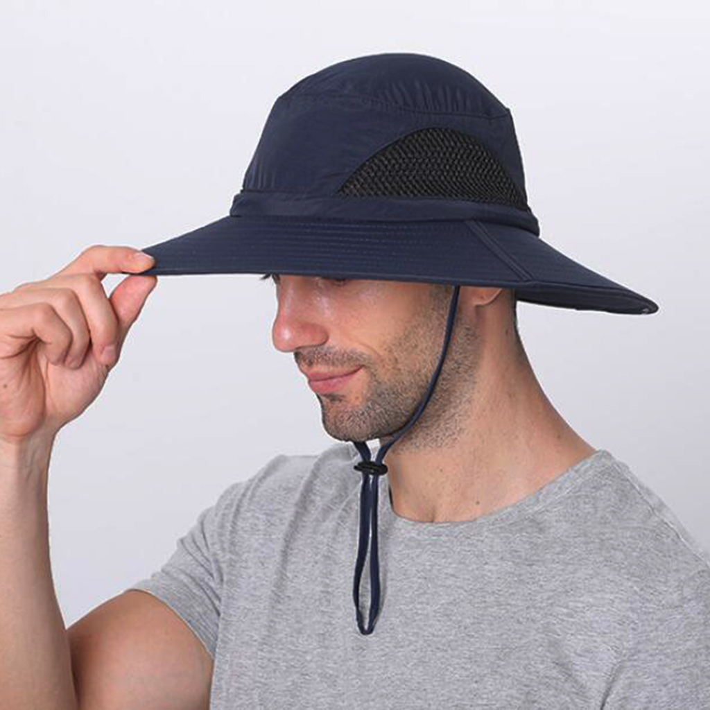 Mens Summer Sun Hat Fishing Hat Adjustable Chin Strap Foldable Navy Blue