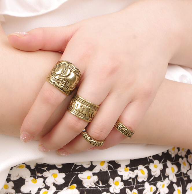 4pcs Finger Ring Vintage Elephant Joint Knuckle Midi Ring Band Antique Brass