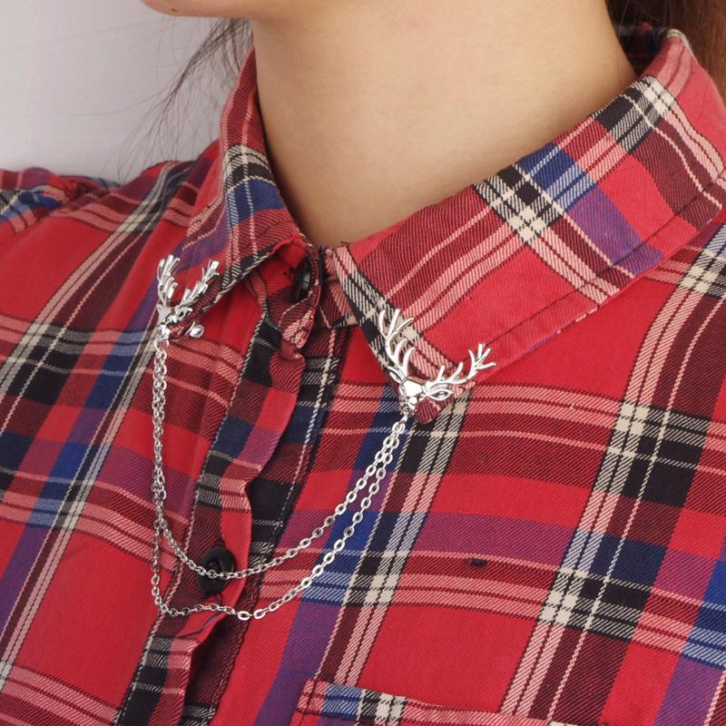 Fashion Deer Head Elk Tips Double Chains Tassels Collar Pins Brooch Silver