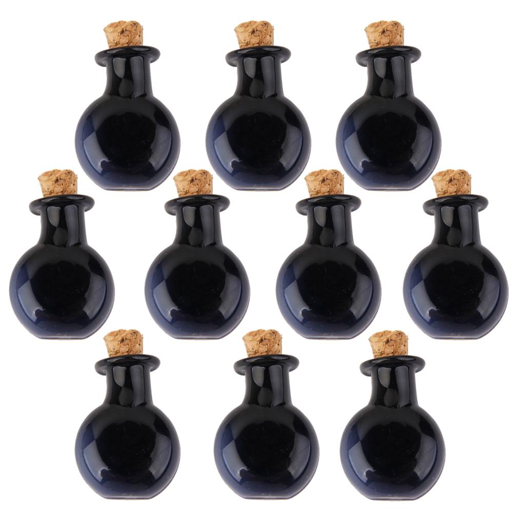 10 Mini Glass Cork Bottles Flat Round Jars Vials Wish Bottle Love Note Black