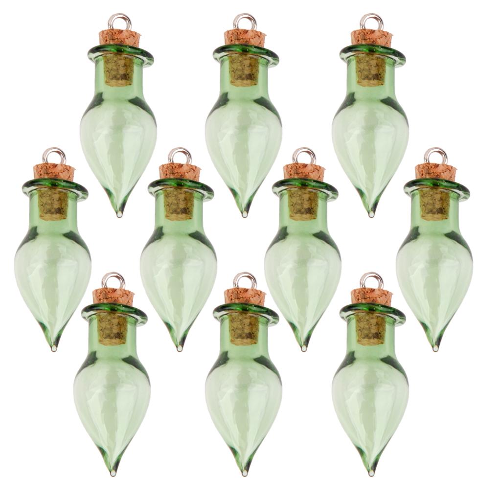 10 Glass Cork Tear Drop Jars Vial Wishing Bottles w/ Loop DIY Pendant Green