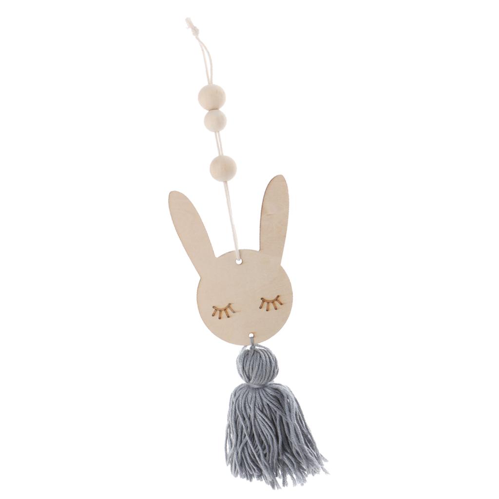 Nordic Wooden Beads Tassel Pendant Girls Wall Hanging Ornament Rabbit Gray