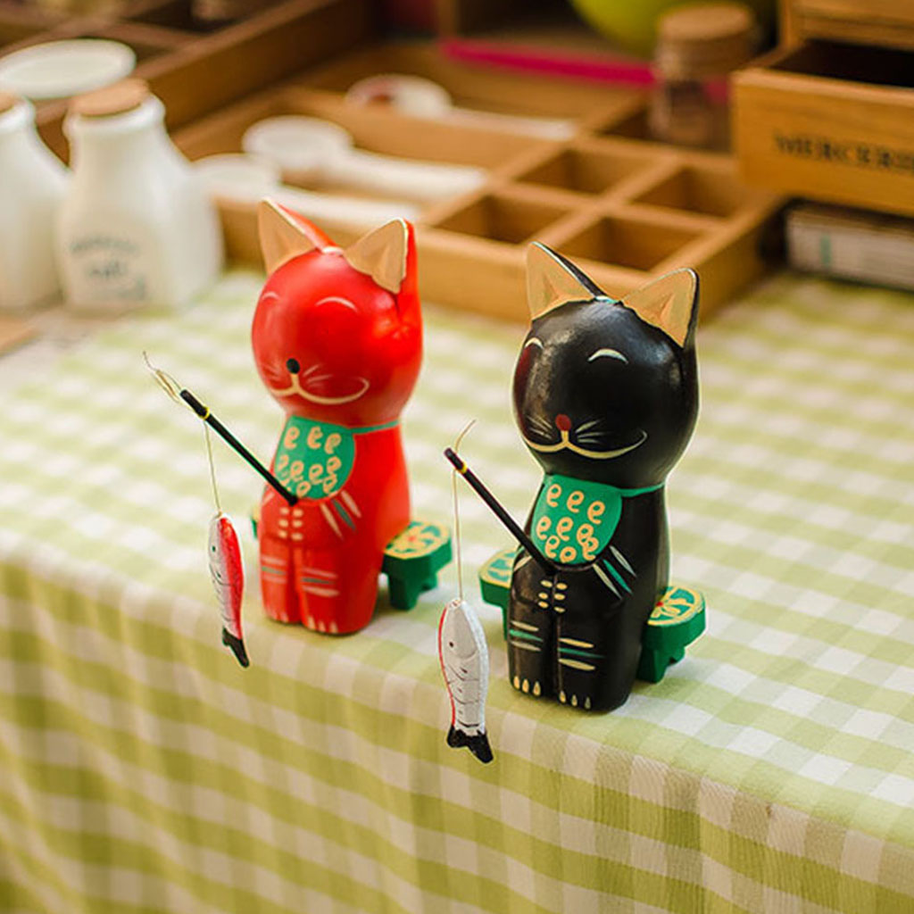 Wooden Couple Cat Fishing Ornament Desktop Crafts Miniatures  Red
