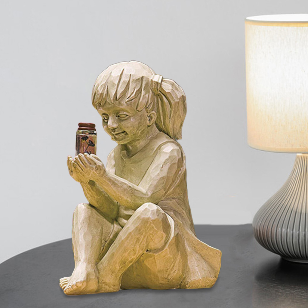 Resin Kids Statues Figurine w/ Lighted Jar for Garden Yard Decor Girl