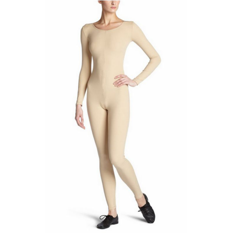 Womens Scoop Neck Long Sleeve Unitard Bodysuit Dance Costume S beige