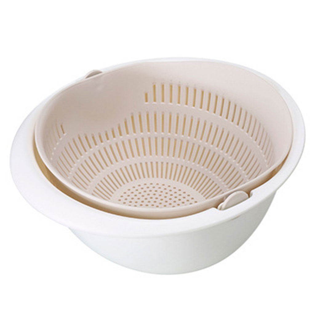 Double Drain Basket Bowl Rice Washing Vegetables Fruit Kitchen Gadget Beige