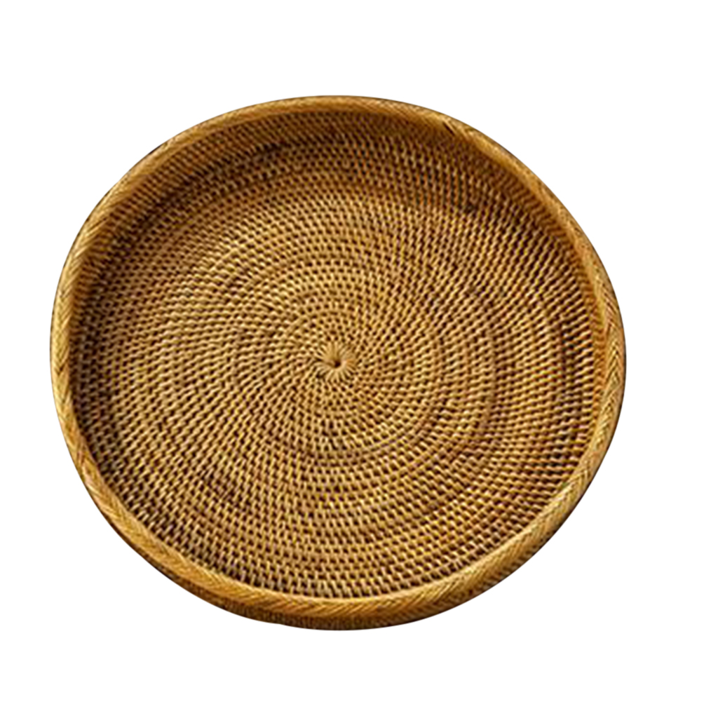 Handmade Round Rattan Fruit Basket Food Storage Bowl Flat Round Tray