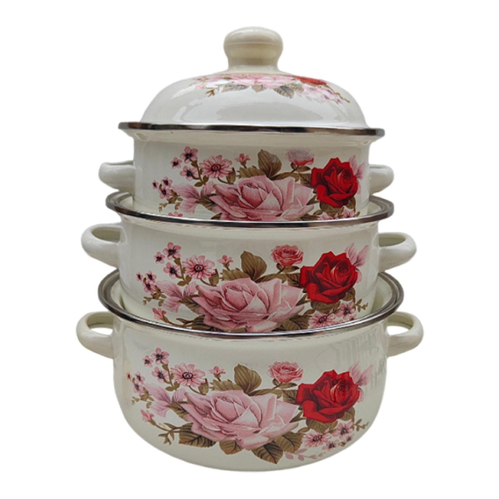3x Enamel Stockpots Vintage Design Soup Pots for Kitchen Cooking Restaurant Style A