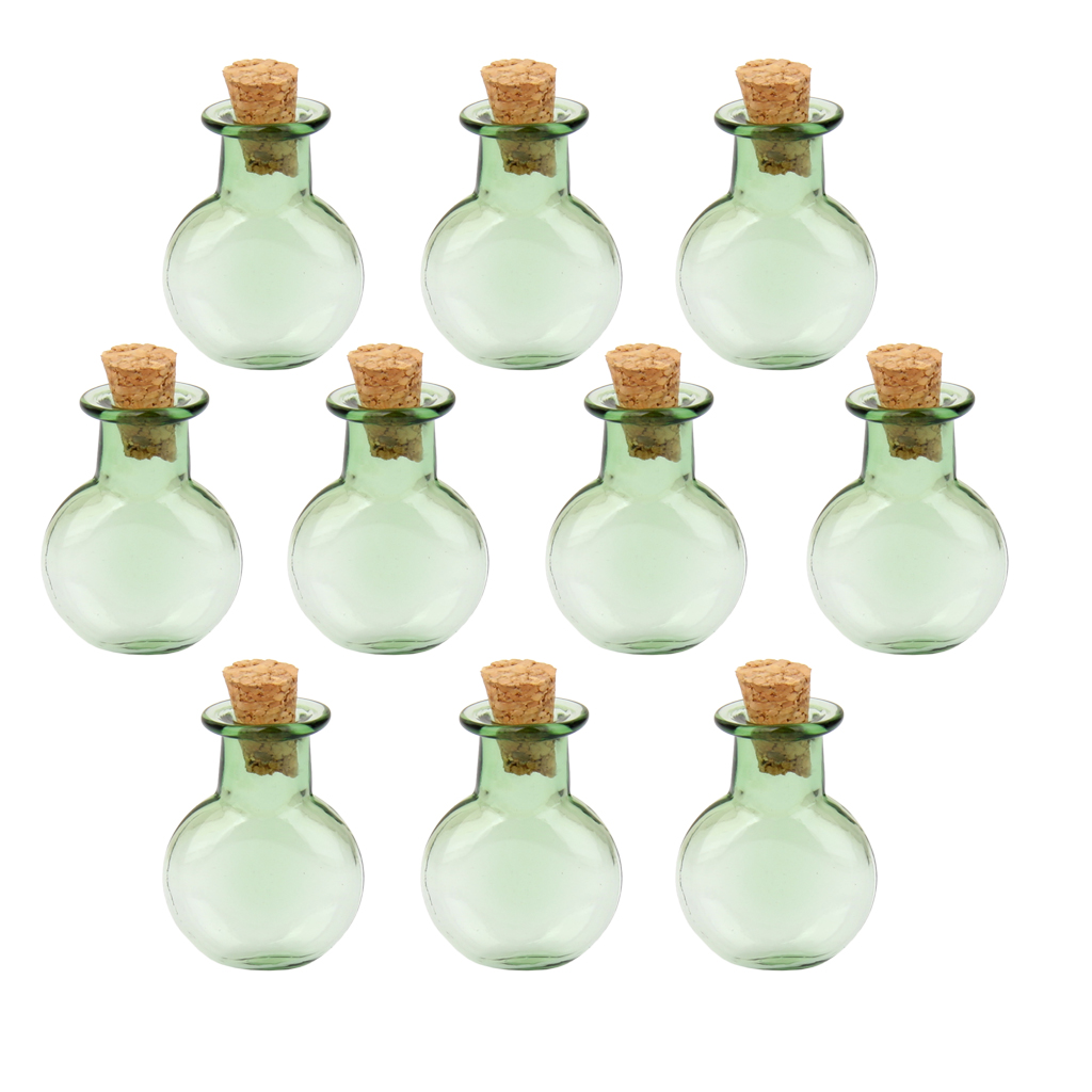 10 Glass Cork Bottles Round Flat Vial Wishing Bottle DIY Pendants Green