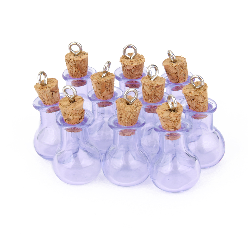 10 Glass Cork Bottles Flat Bulb Vial Wishing Bottle DIY Pendant Loop Purple