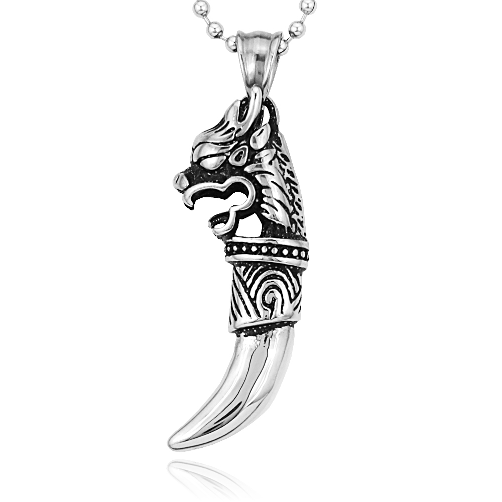 Unisex Vintage Silver Dragon Head Wolf Teeth Pendant Necklace with Chain 