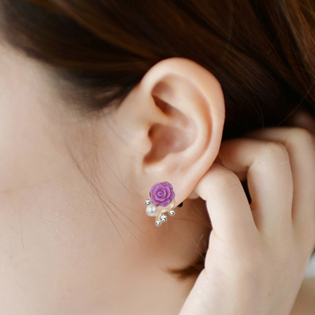 Pair Women Lady Crystal Resin Rose Flower Earring Ear Stud Jewelry Purple