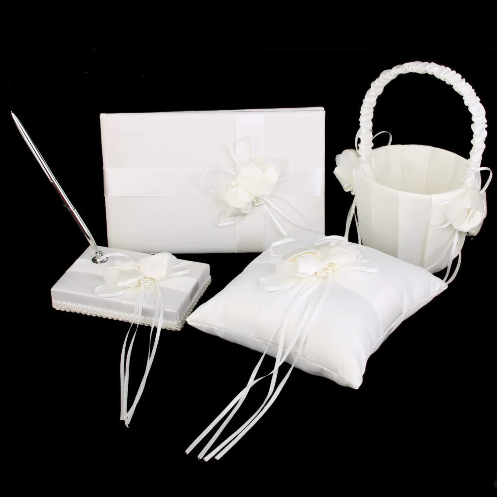 Ivory Pen Set Faux Pearl Satin Flower Wedding Reception Set