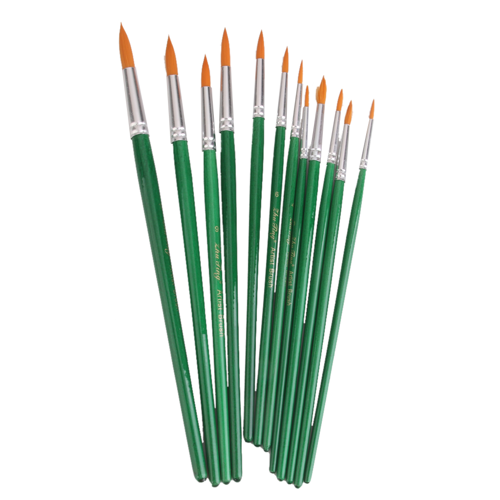  12pcs Assorted Size Artist Painting Round Brushes Set- Green