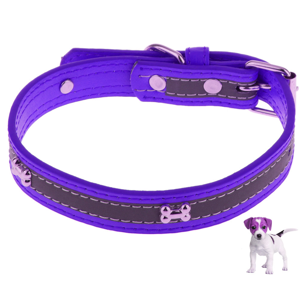 Pet Puppy PU Leather Belt Bone Reflective Safety Buckle Dog Collar-Purple