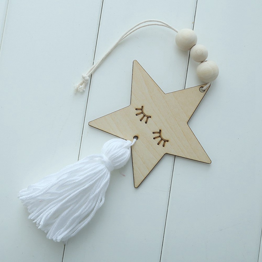 Nordic Wooden Beads Tassel Pendant Girls Wall Hanging Ornament Star White