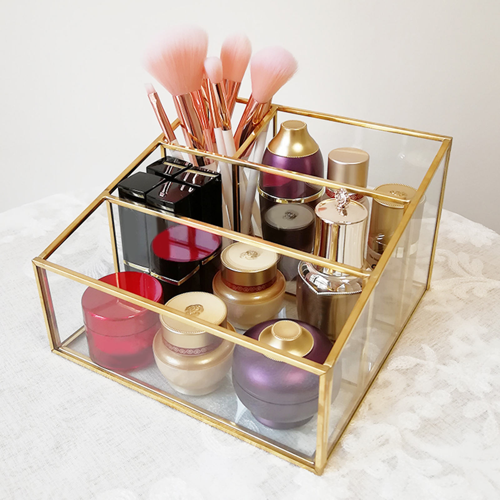 Makeup Organizer Clear Glass Home Desktop Cosmetic Storage Holder Case Box