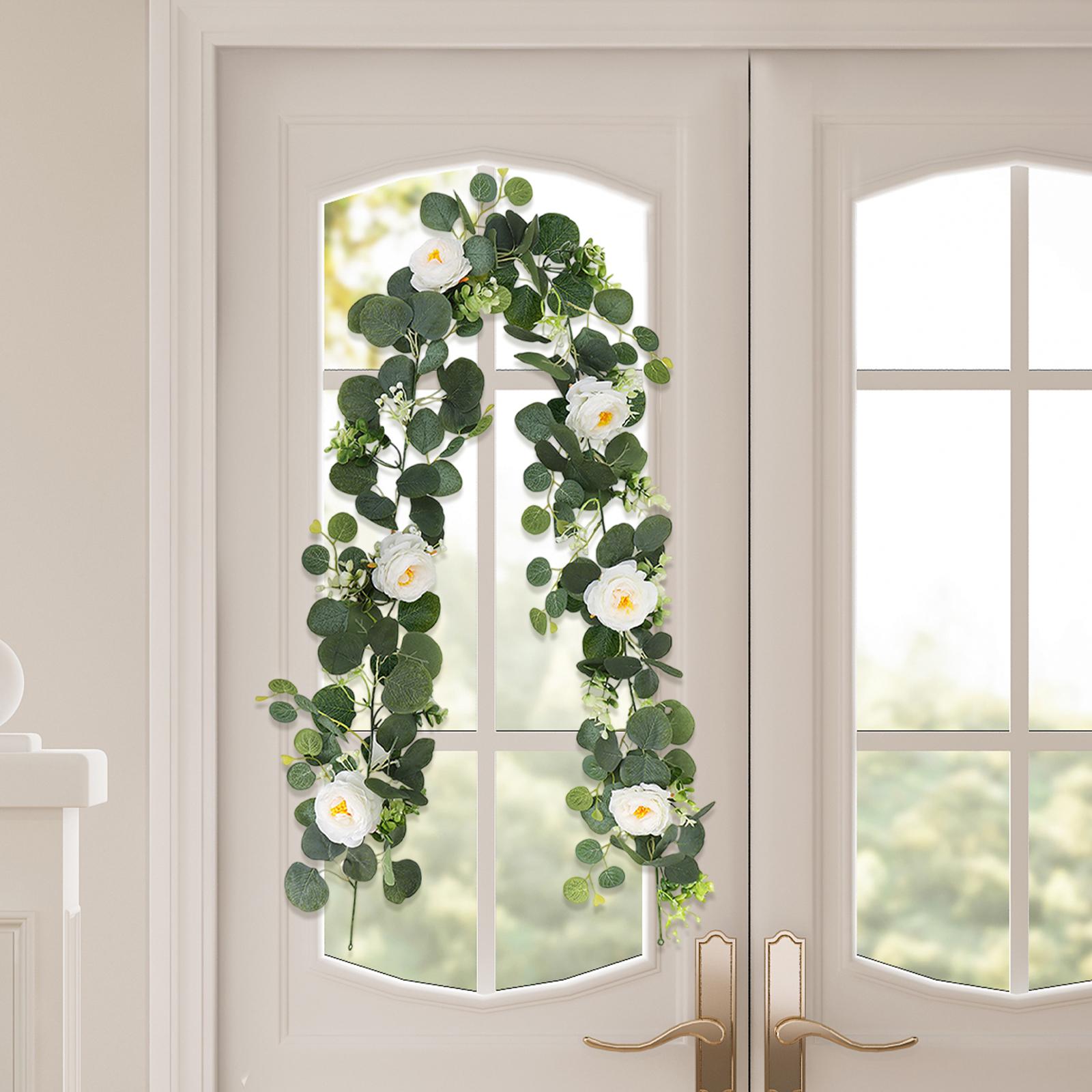 Artificial Green Leaf Vines Eucalyptus Garland with Flowers for Holiday Wall