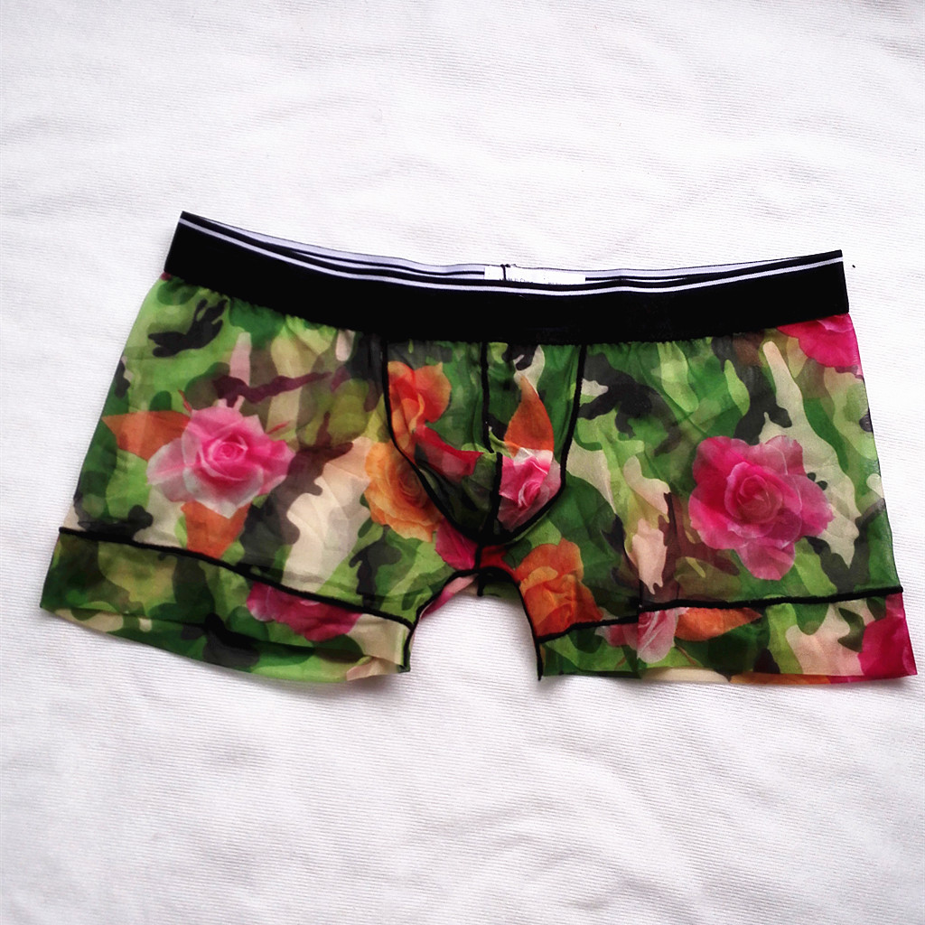 Mens Sexy Mesh See Through Rose Flower Boxer Briefs Underwear Green XL