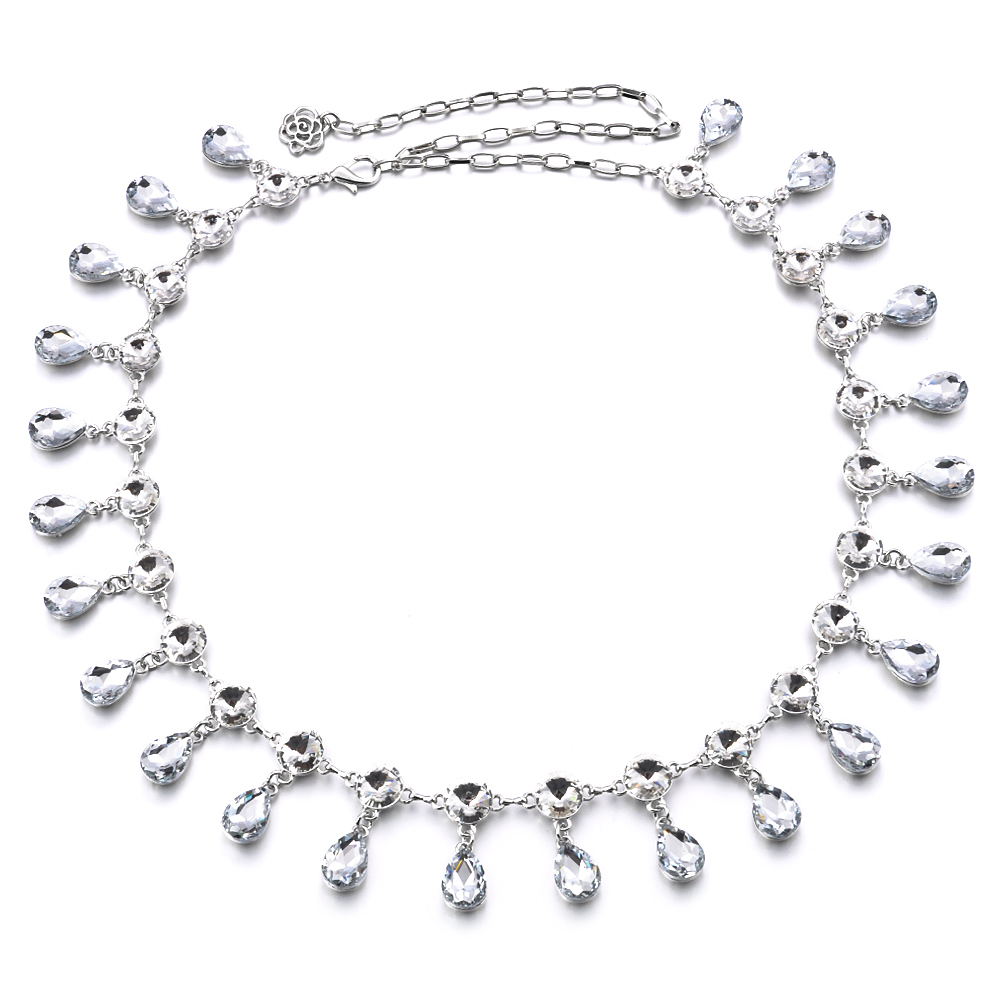 Womens Water Drop Crystal Rhinestone Waist Chain Belt Silver + White 115cm