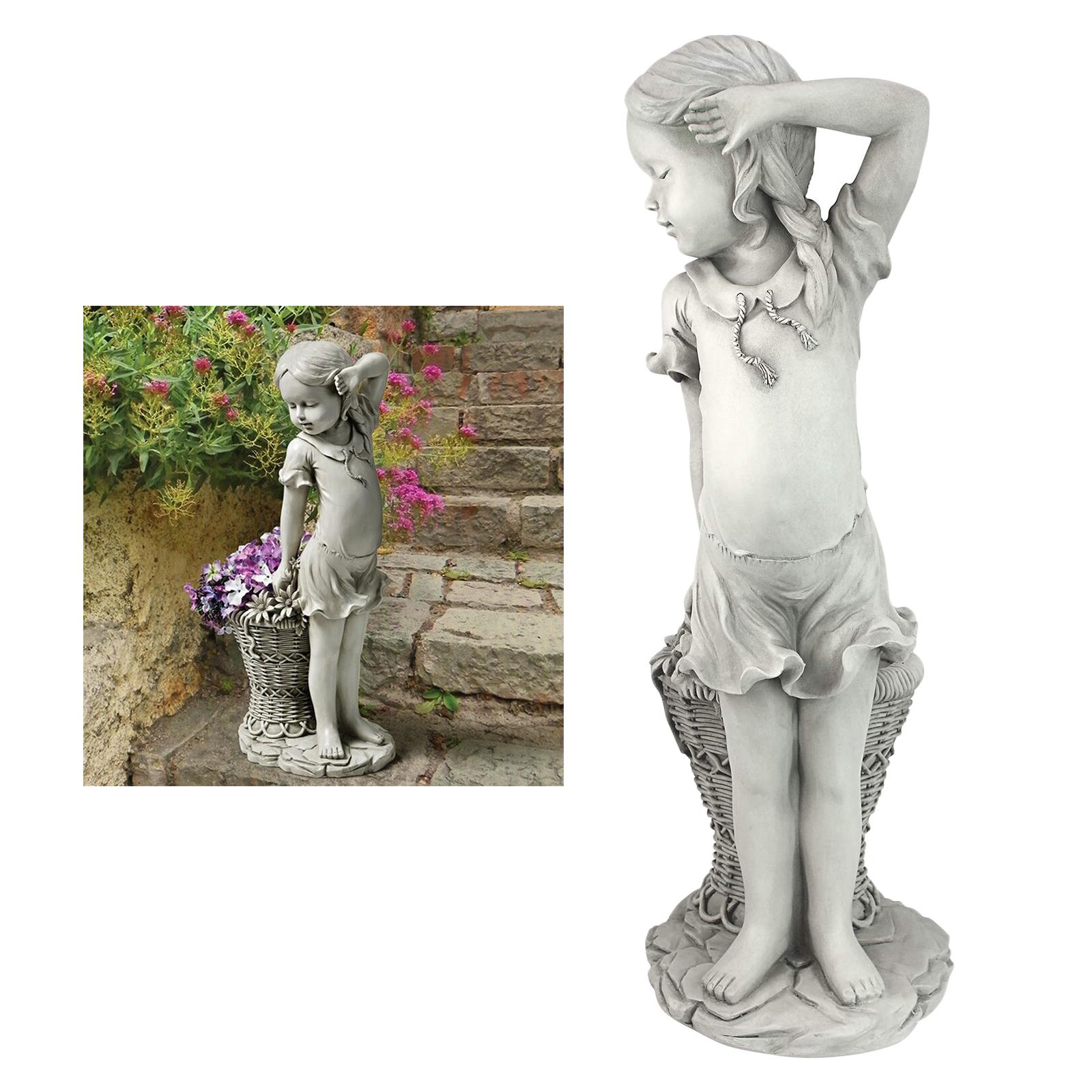 Flower Girl Garden Statue Sculpture Child Figurine Planter Basket Ornament
