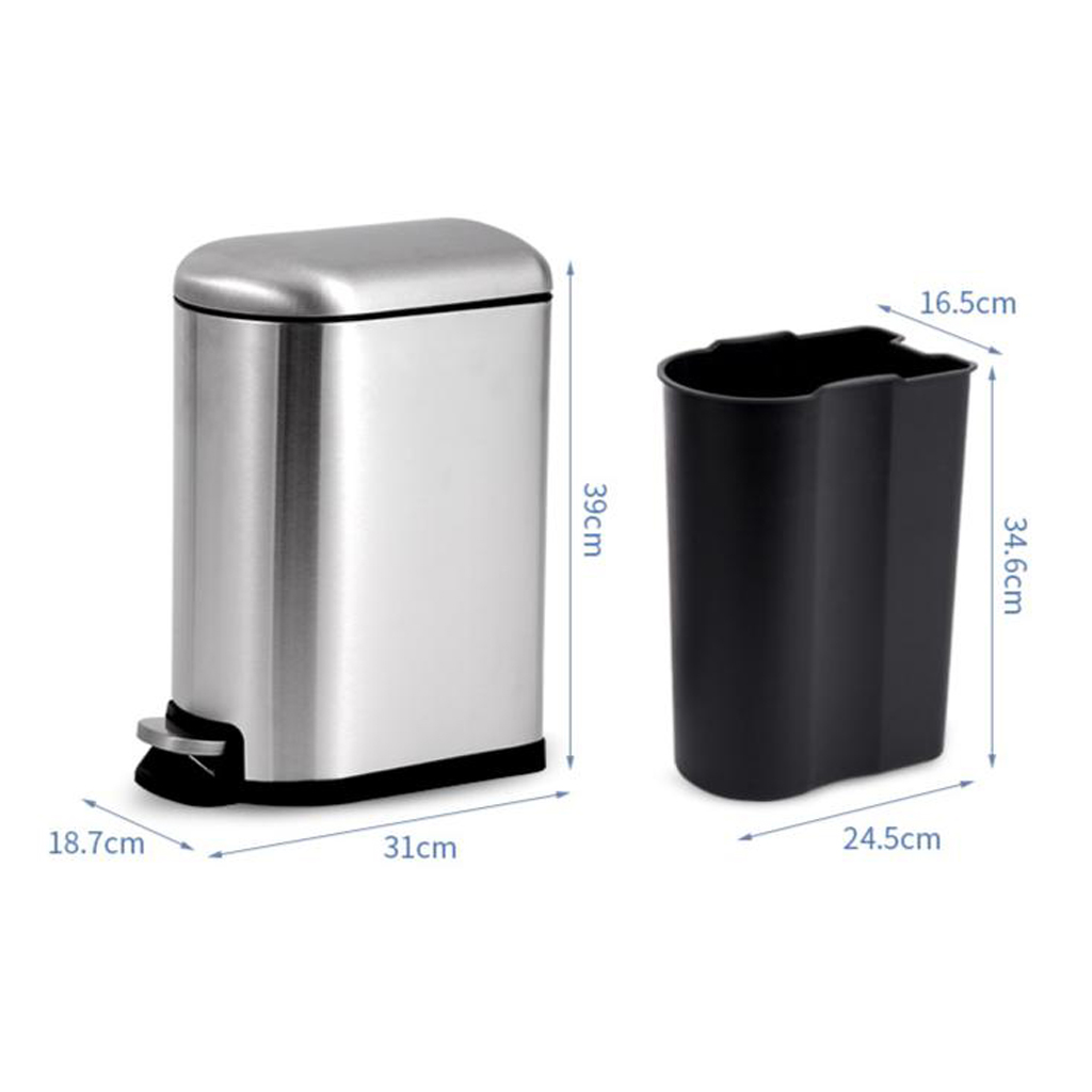 10L Stainless Steel Step-on Trash Can Silent Close Wastebasket Garbage Bin