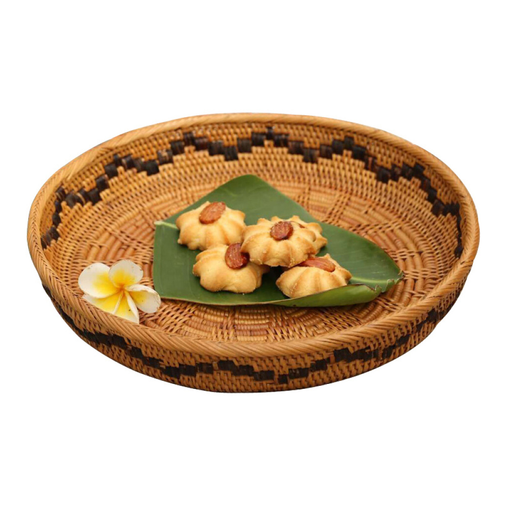 Handmade Round Rattan Fruit Basket Food Storage Bowl Black Edged Tray