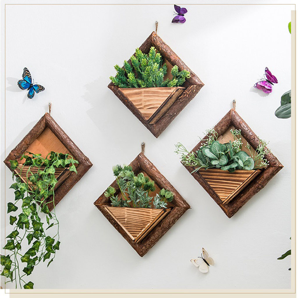 Handmade Wooden Wall-hanging Flowerpot with Flowers and Jute Rope A