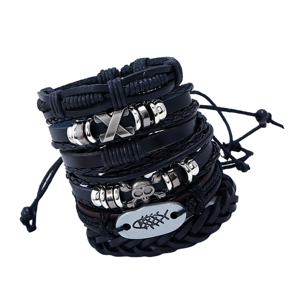 6 Pieces Leather Bracelet Braided Wristband Mens Punk Jewelry Skull Black 1