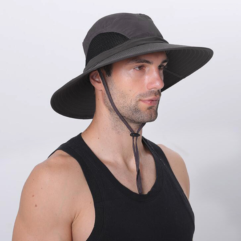 Mens Summer Sun Hat Fishing Hat Adjustable Chin Strap Foldable Dark Gray