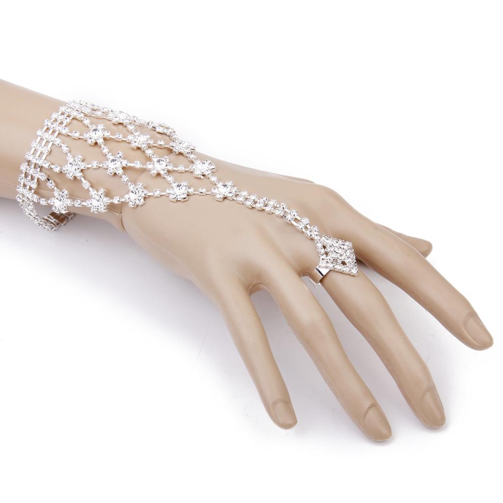 Crystal Flower Chain Ring Hand Harness Bracelet Bridal Jewelry Wedding Party